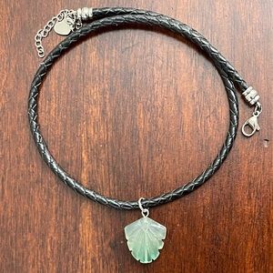 Carved natural green agate & woven vegan leather necklace
